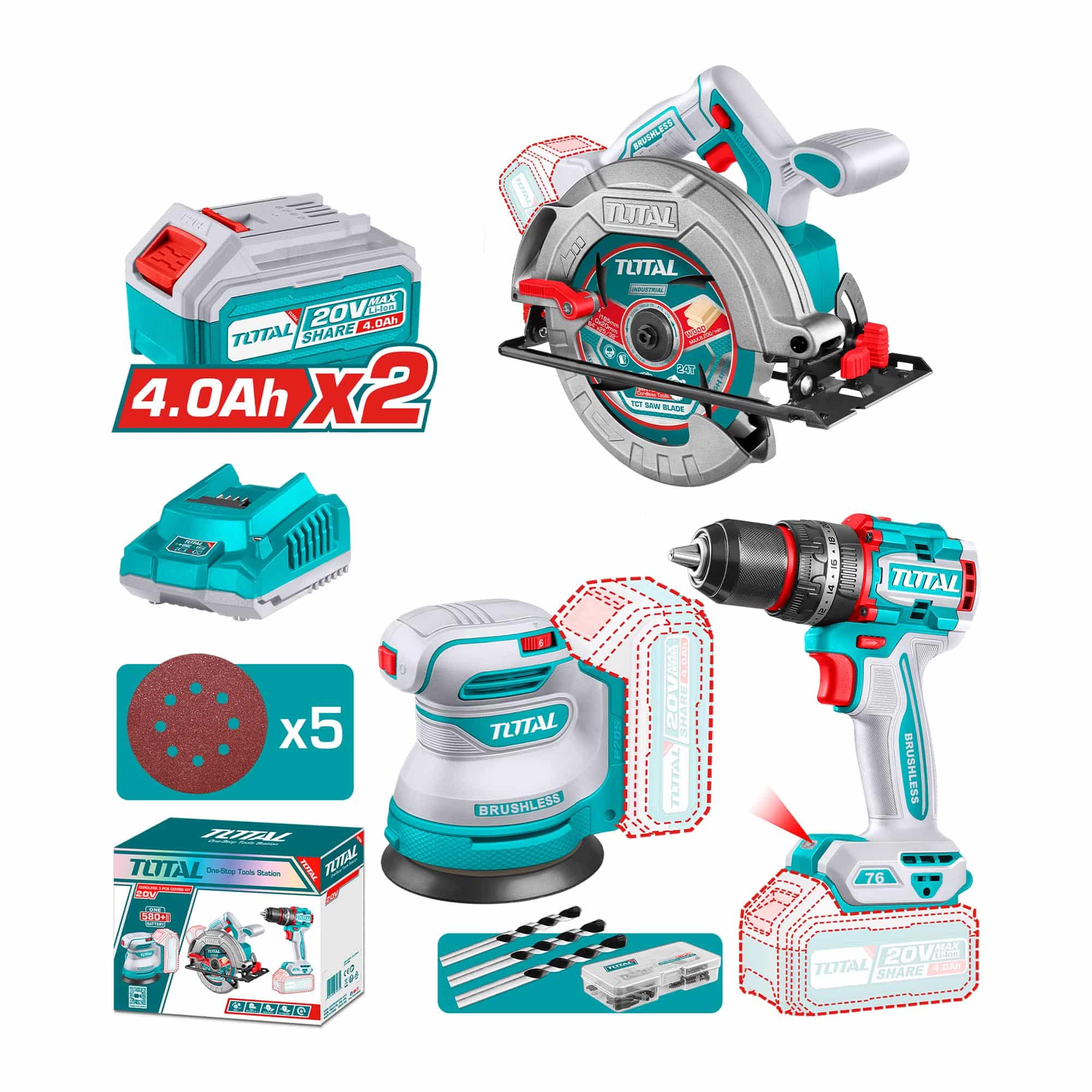 Kit Taladro, Lijadora y Sierra Circular Inalámbrica 20V